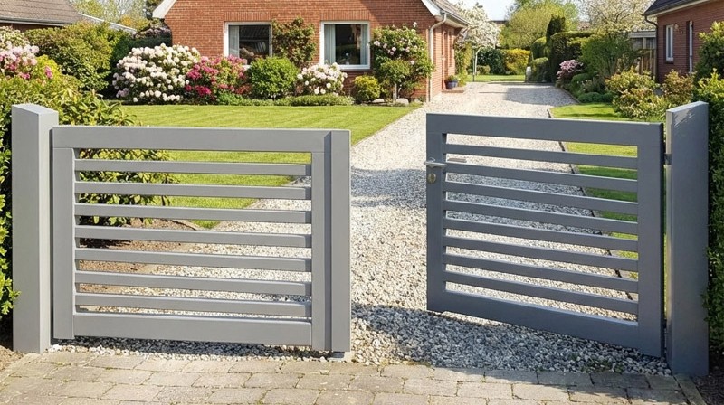 Ein Einfahrtstor aus Holz in schlicht moderner Form
         